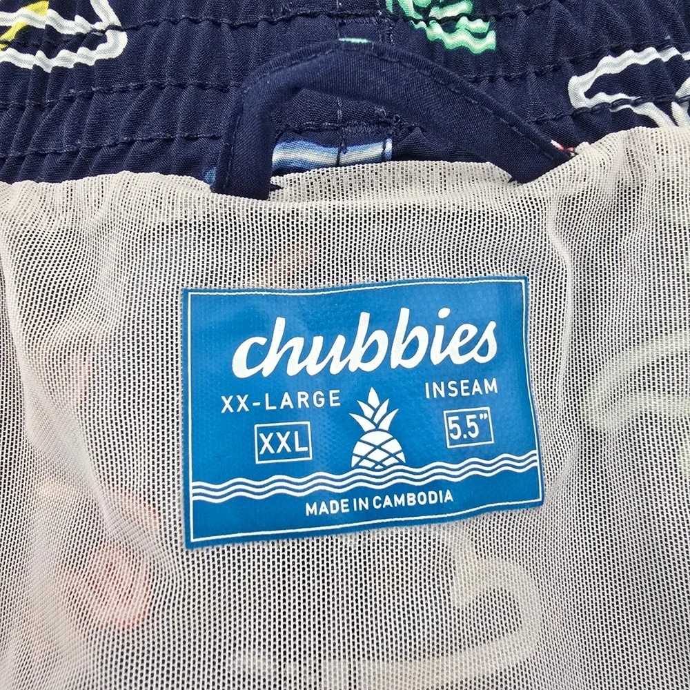 Chubbies Mens Swim Trunks XXL Navy Blue Neon Flamingo Palm Tree 5.5 Inseam Mesh
